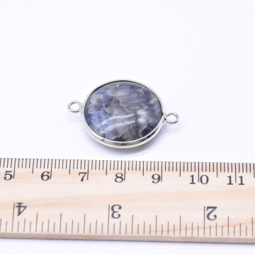 天然石コネクターチャーム　メノウ　枠付き　円形　2カン ロジウム（1ヶ）