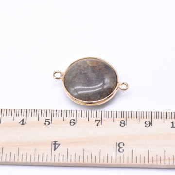 天然石コネクターチャーム ブラウンアゲート 円型 2カン 23×32mm ゴールド （1ヶ）