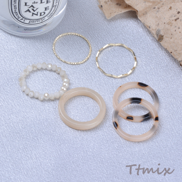 デザインリング 指輪 アクリルリング＆ガラスリング＆メタルリング（6個セット）